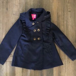 NWOT Girls navy wool coat button detail and hood.